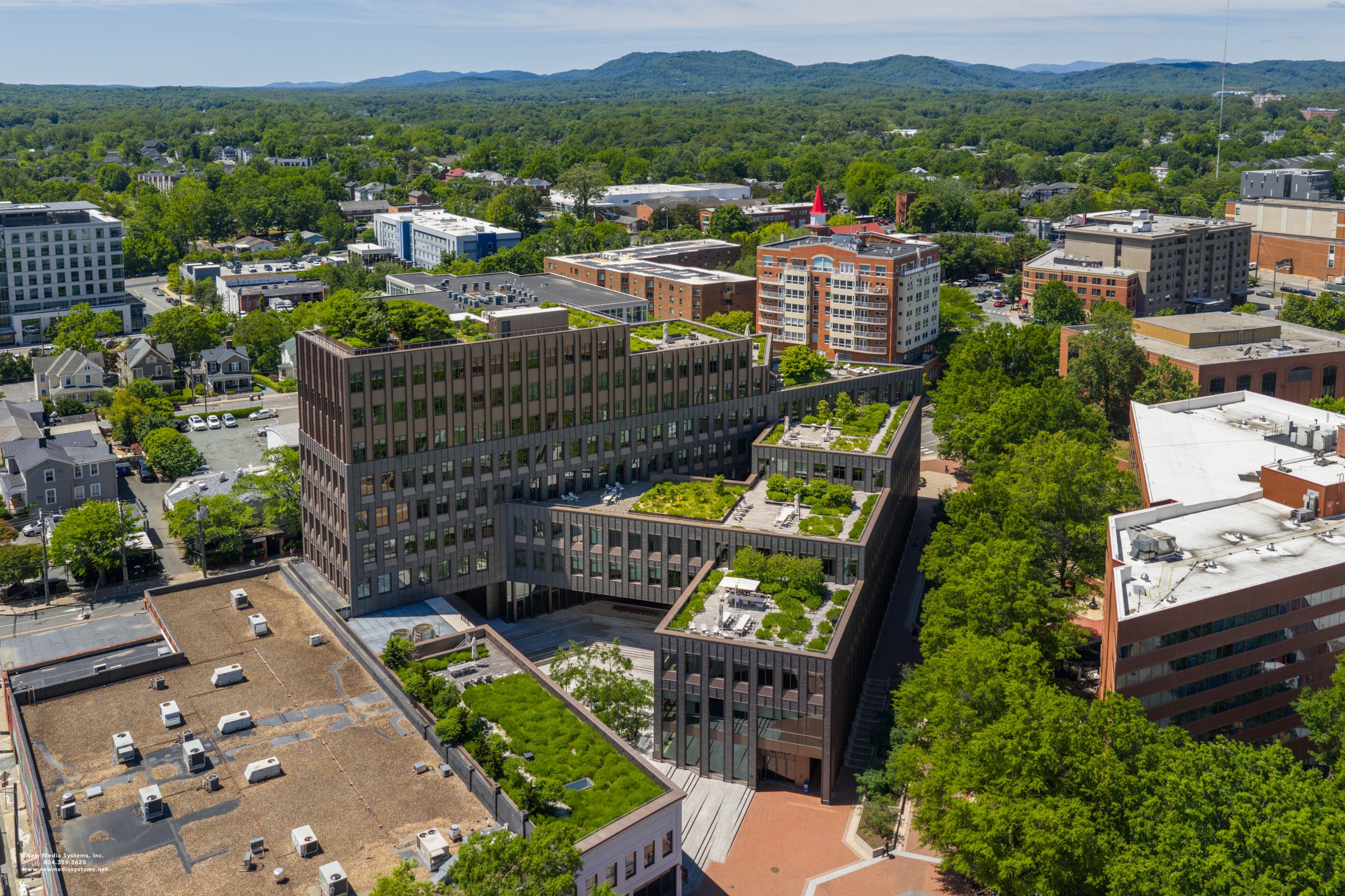 Aerial of vegetative roof Charlottesville, Virginia